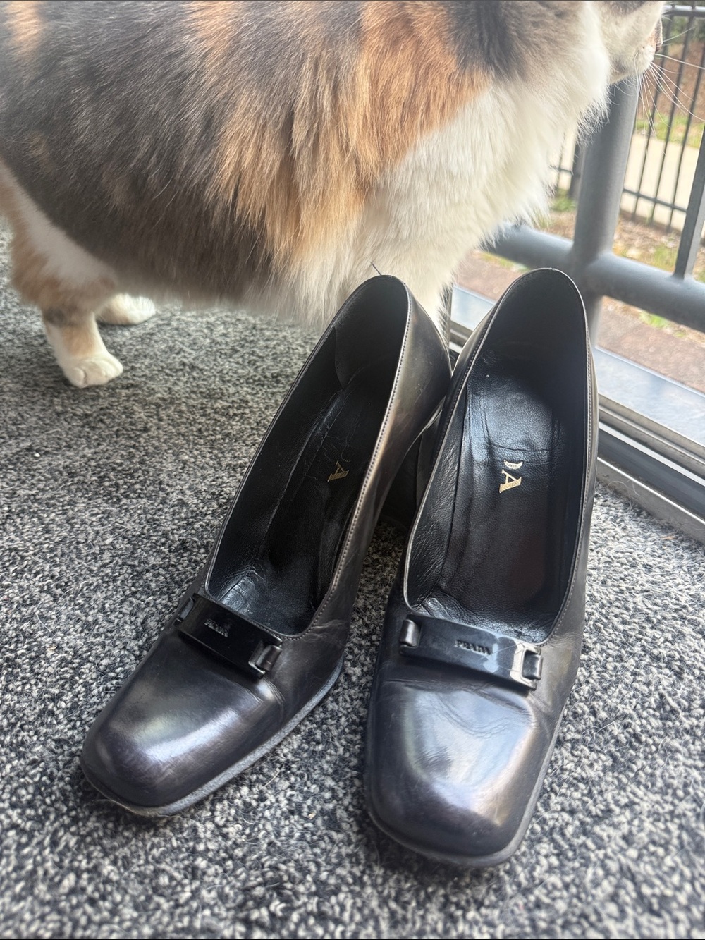 Prada Black Leather Square-Toe Heels with Buckle Detail